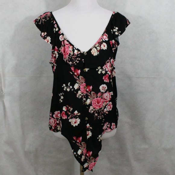 No Boundaries Multi Color Floral Rayon Blouse w/ Ruffle Collar Trim SZ M EUC - Picture 2 of 8